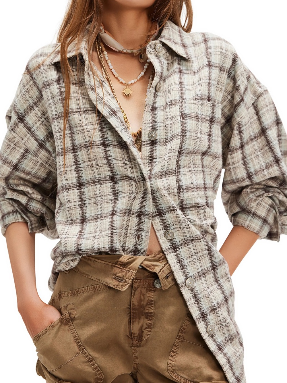 NWT Free People We the Free Ashley Plaid Shirt Western Casual Bohemian Medium